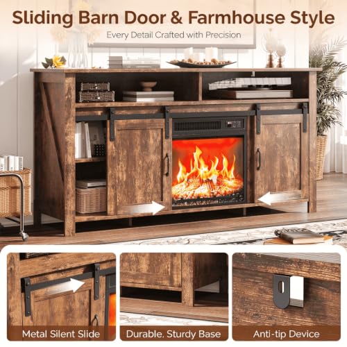 58" Fireplace TV Stand for up to 65" TVs, 1 Package, Farmhouse Brown, view 4