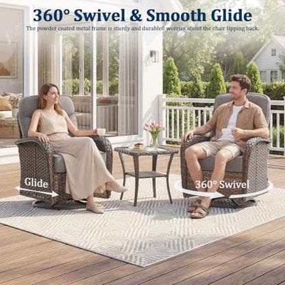 Outdoor Swivel Rocking Chair Patio Set (9pcs) High-Back - Thick Cushion Swivel Rocking Chair Patio with Fire Table Set, All-Weather Wicker Patio Furniture Set, Suitable for Balcony Patios, Brown/Gery