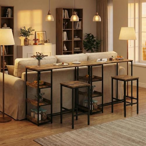 3-Piece Kitchen Table Set with Storage Shelves & 2 Bar Stools - Iron and Wood Dining Table for Small Spaces, Apartments, Condos, Rustic Brown