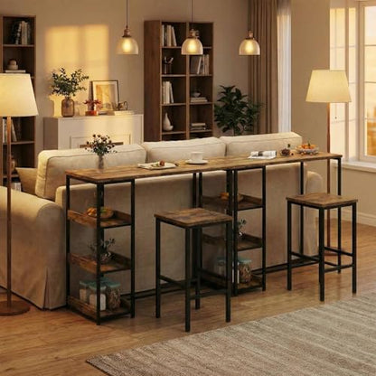 3-Piece Kitchen Table Set with Storage Shelves & 2 Bar Stools - Iron and Wood Dining Table for Small Spaces, Apartments, Condos, Rustic Brown