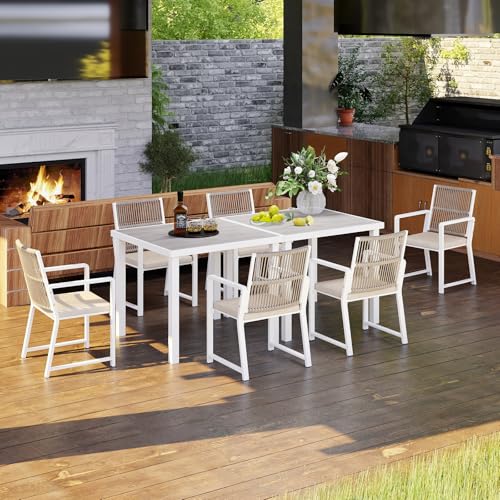 Outdoor Patio Dining Chair, All-Weather Woven Rope Outdoor Chairs Set of 2, Sturdy Steel Frame, 400 lbs, Ergonomic Backrest, Removable Breathable Cushion, for Patio & Garden, White