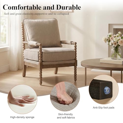 Linen Fabric Spindle Accent Chair with Wood Frame,Modern Accent Chairs with Padded Spring Seat and Brushed White Base for Living Room Bedroom Farmhouse Home Office Belcony