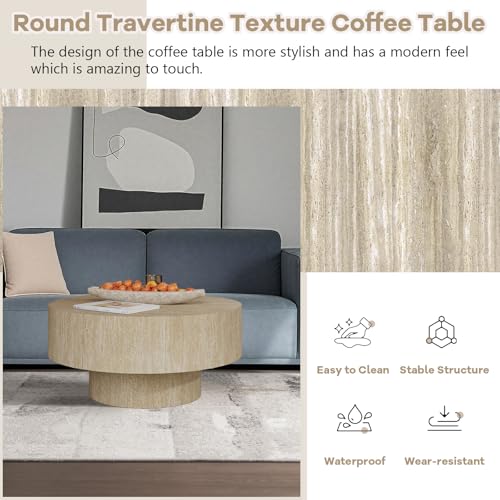 Travertine Coffee Table, Round Coffee Table Farmhouse Small Circle Wood Center Tables Mid Century Modern Low Circular Tea Tables for Living Room Apartment Easy Assemble,Round