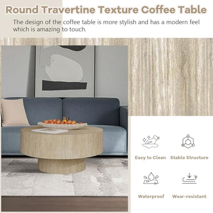Travertine Coffee Table, Round Coffee Table Farmhouse Small Circle Wood Center Tables Mid Century Modern Low Circular Tea Tables for Living Room Apartment Easy Assemble,Round