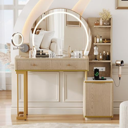 Makeup Vanity Desk with Round Mirror and Lights, view 2