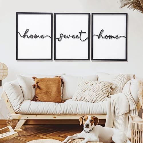 3D Wood Home Sweet Home Wall Art, Modern Home Sweet Home Sign for Large Living Room Wall Decor(Ready to Hang, Set of 3, 12x16 Inch, Framed)