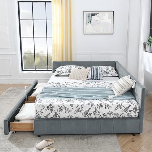 Queen Size Upholstered Daybed with Storage Drawer, Upholstered Tufted Bed Frame, Modern Sofa Bed Frame with Comfortable Backrest and Armrests, for Bedroom, Living Room, Velvet, Grey
