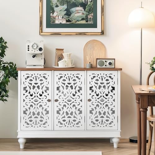 White Accent Cabinet with Doors, Farmhouse Credenza Cabinets for Living Room, Sideboard Buffet Cabinet with Storage