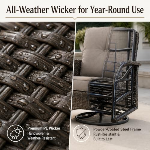 3-Piece Wicker Patio Furniture Set, Swivel Rocking Chairs, Brown/Grey | PE wicker, steel frame, 5mm tempered glass table, 4-inch cushions, 360-degree swivel, 250lbs capacity, garden use