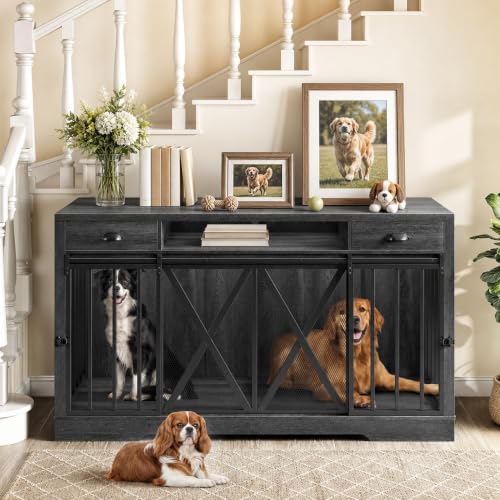 63" Double Dog Crate TV Stand with Charging Station for 2 Dogs, view 4