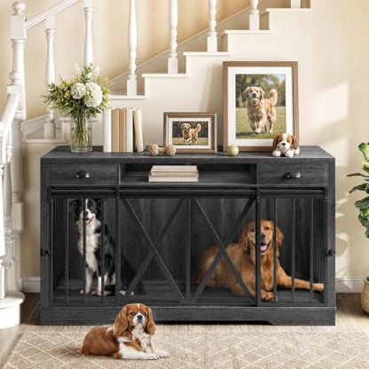63" Double Dog Crate TV Stand with Charging Station for 2 Dogs, view 4