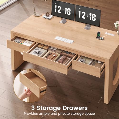 55" Modern Executive Office Desk with 3 Drawers, Light Oak, view 4