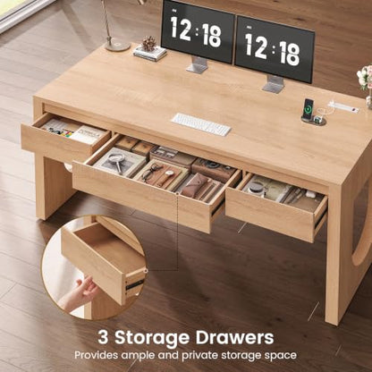 55" Modern Executive Office Desk with 3 Drawers, Light Oak, view 4