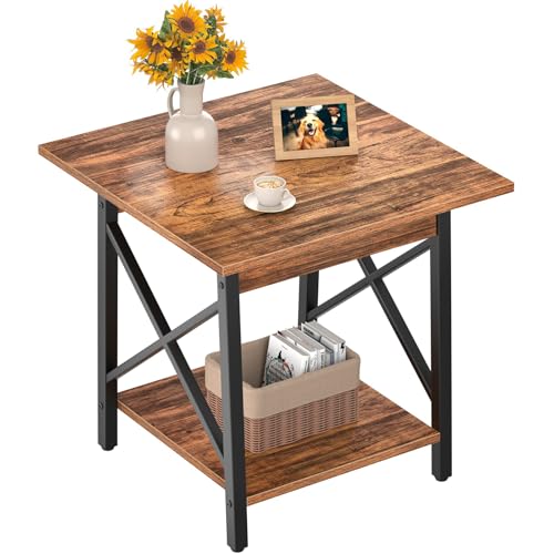 Square End Table 24 Inch with X-Frame 2-Tier Storage | Nightstand for Living Room & Bedroom, Rustic Decor, Sturdy, Waterproof Scratchproof Top, Easy Assembly, Walnut