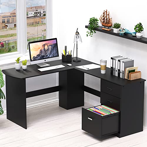 51 x 59 Inches L-Shaped Home Office Wood Corner Desk with Box Box File Drawers, Black