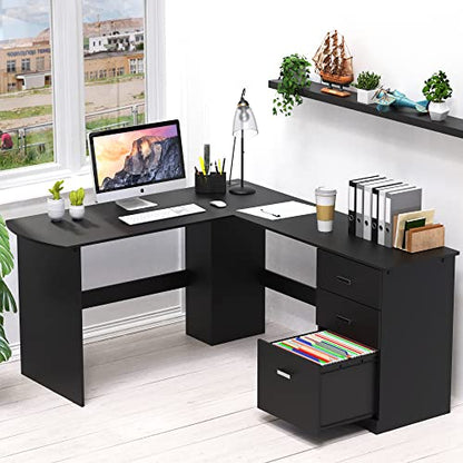 51 x 59 Inches L-Shaped Home Office Wood Corner Desk with Box Box File Drawers, Black