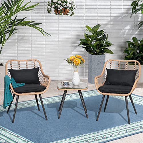 3 Piece Patio Bistro Set, Outdoor Wicker Conversation Chair Sets Balcony Furniture,Coffee Table with Glass Top, Cushions & Lumbar Pillows for Porch, Backyard, Deck, Poolside