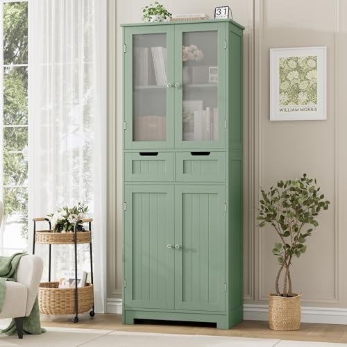 67" Tall Bathroom Storage Cabinet, Freestanding Storage Cabinet with Glass Door and Shelves, Kitchen Pantry Linen Cabinet with 2 Drawers for Bathroom, Living Room, Dining Room, Green