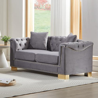 62" Chesterfield Sofa Velvet Two-Seater, Modern Classic Rolled Arm Button Tufted Sofa with Nailhead Decor, Cloud Couch Loveseat for Living Room, Apartment (Grey)