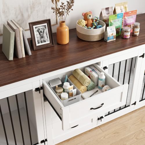 92.8" Double Dog Crate Furniture with 3 Drawers, Dog Kennel Indoor, view 5
