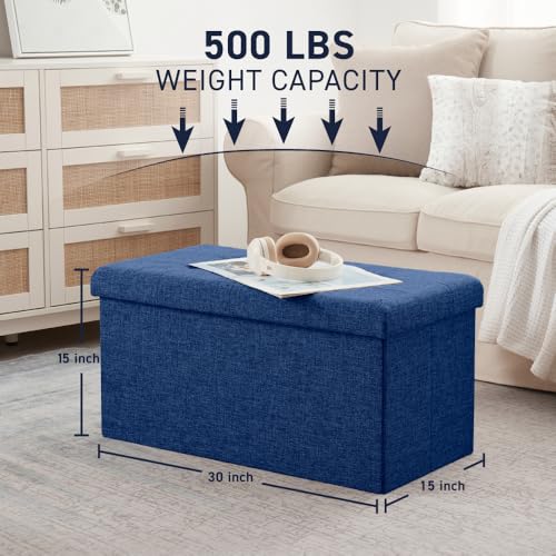 Folding Storage Ottoman, 30 Inch Large Storage Bench with Lid, Foot Rest Stool for Bedroom, Living Room, Entryway, Tufted Linen Upholstered - Navy Blue