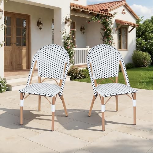 Patio French Chairs Set of 2, Outdoor Hand-Woven PE Wicker Armless Dining Chairs w/Metal Frame, Rattan Bistro Chairs for Front Porch Garden Deck Balcony Poolside, White/Black