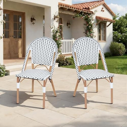 Patio French Chairs Set of 2, Outdoor Hand-Woven PE Wicker Armless Dining Chairs w/Metal Frame, Rattan Bistro Chairs for Front Porch Garden Deck Balcony Poolside, White/Black