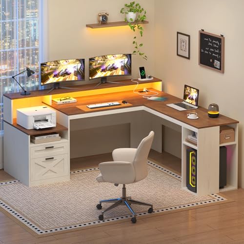 63" Farmhouse L Shaped Desk with Drawers & Storage Shelves for Home Office, view 4