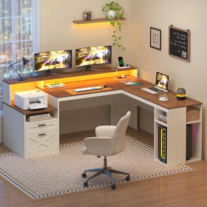 63" Farmhouse L Shaped Desk with Drawers & Storage Shelves for Home Office, view 4