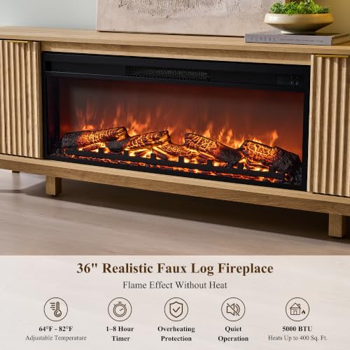 70" Fluted Fireplace TV Stand with 36" Electric Fireplace, Natural Oak, view 5