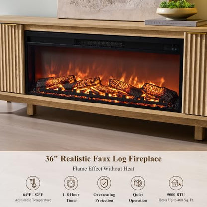 70" Fluted Fireplace TV Stand with 36" Electric Fireplace, Natural Oak, view 5