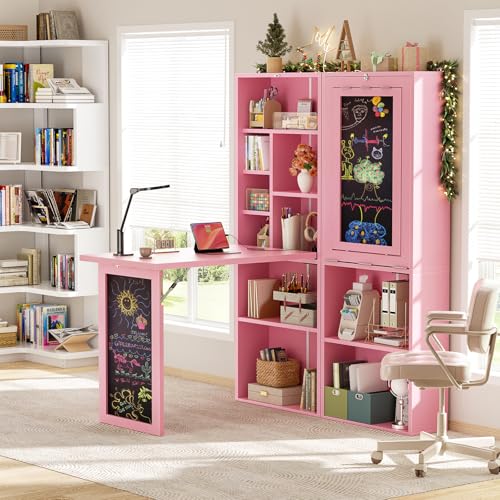 Small Folding Desk with Outlets, Convertible Writing Desk for Small Spaces/Home Office/Craft Room, Multi-Function Desk Workstation with Blackboard, Fold-Out Cabinet Table, Pink