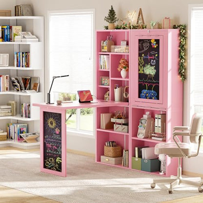 Small Folding Desk with Outlets, Convertible Writing Desk for Small Spaces/Home Office/Craft Room, Multi-Function Desk Workstation with Blackboard, Fold-Out Cabinet Table, Pink