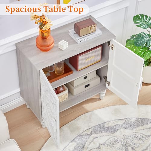 White Distressed Carved Accent Cabinet,2 Door Vintage Storage Sideboard, view 3