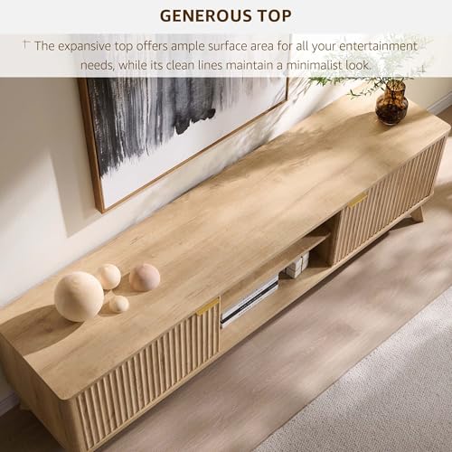 70" Mid Century Modern Fluted TV Stand w/ 2 Soft Close Door,Natural Oak | Entertainment Center, Sideboard, Media console for Living Room with Adjustable Shelves