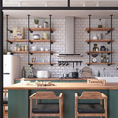 2Pc (56" Tall 12" deep 3/4") Industrial Wall Mount Iron Pipe Shelf Shelves Shelving Bracket Black Bookshelf Bookcase DIY Storage Office Kitchen (4Tier Hardware only)
