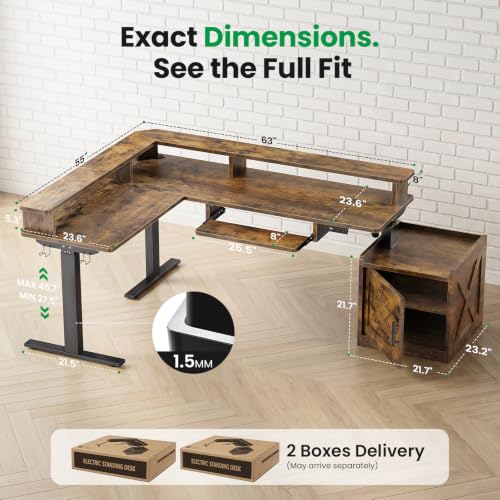 63x55 L-Shaped Standing Desk with Storage Cabinet & Monitor Shelf, view 5