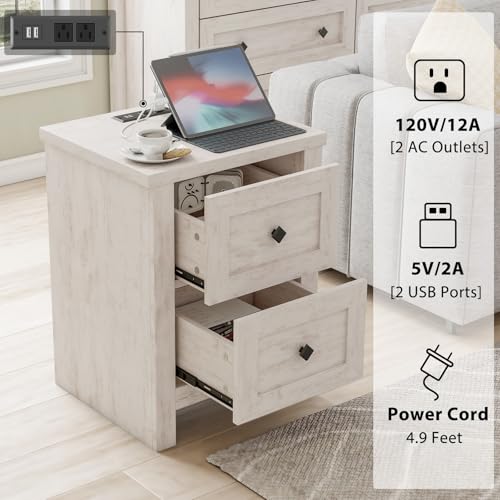 4 Pieces Farmhouse Bedroom Set, 1 X Wood Rustic 6 Drawer Storage Dresser, 1 X 5 Drawer Dresser, Nightstand Set of 2 with Charging Station, Farmhouse Bedroom Furniture Set, Rustic White