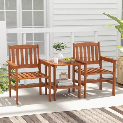 3 Piece Patio Conversation Set, Outdoor Wood Conversation Seat with Table and Umbrella Hole, Outdoor Furniture Set of 3 for Garden Poolside Backyard Balcony Porch