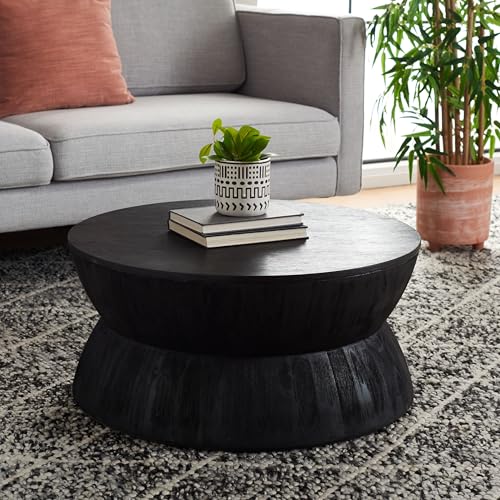 SAFAVIEH Furniture - Lailah Round Coffee Table - Mid-Century Design - Black Sculptural Drum - Fully Assembled - Ideal for Living Room, Family Room, 30" W x 30" D x 14" H (ALV1000A)