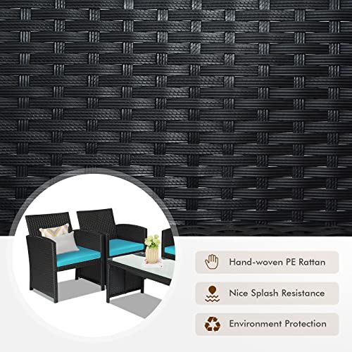 Rattan Patio Furniture Set 4 Pieces, Outdoor Wicker Conversation Sofa and Table Set with Soft Cushions & Tempered Glass Coffee Table for Balcony Garden Backyard (Turquoise)