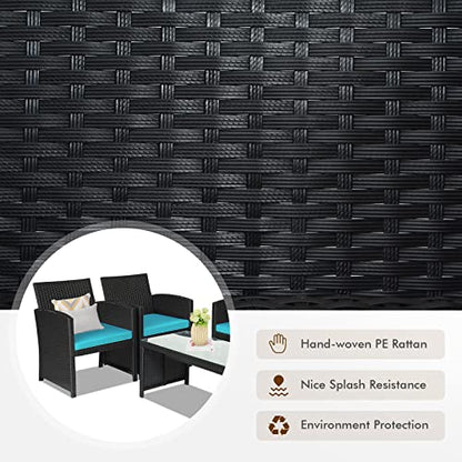 Rattan Patio Furniture Set 4 Pieces, Outdoor Wicker Conversation Sofa and Table Set with Soft Cushions & Tempered Glass Coffee Table for Balcony Garden Backyard (Turquoise)