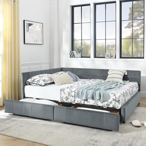 Queen Size Upholstered Daybed with Storage Drawer, Upholstered Tufted Bed Frame, Modern Sofa Bed Frame with Comfortable Backrest and Armrests, for Bedroom, Living Room, Velvet, Grey