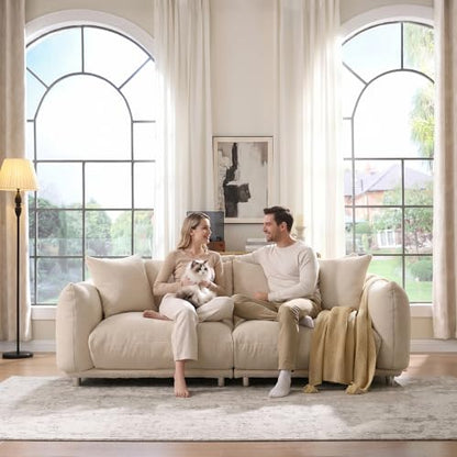 87.4" Modern Cloud Couch, 3 Seater Sherpa Sofa in a Box, Comfy Upholstered Deep Seat Loveseat with Metal Legs, Boucle Sofa Oversized Couch w/2 Pillows for Living Room Bedroom Apartment - Camel