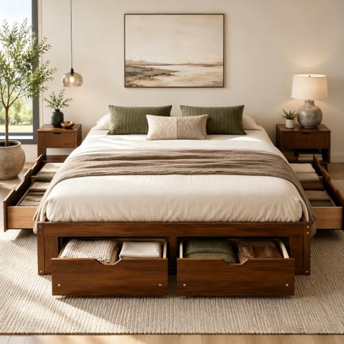 King Size Platform Bed with 6 Storage Drawers, Solid Pine Wood Storage Bed Frame, view 2
