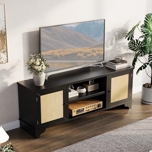 Rattan TV Stand for Living Room, Boho Entertainment Center for 55, 65 in TV, TV Console Cabinet with Storage Shelf, Black