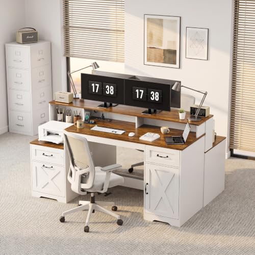63 Inch Farmhouse Computer Desk with Drawers & Power Outlets, view 8