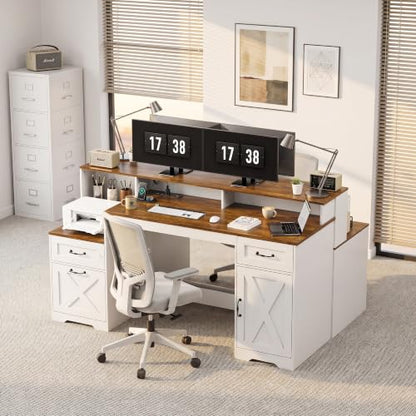 63 Inch Farmhouse Computer Desk with Drawers & Power Outlets, view 8