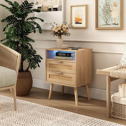 Rattan Nightstand with Charging Station USB Port Led Lights and 2 Storage Drawers, Bedroom Furniture Night Stand Bedside Table, Rattan Side Table, End Table (1 Pack)