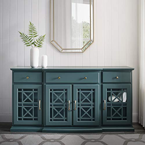 Modern Wood Glass Door Buffet Sideboard Living Room Entryway Serving Storage Cabinet Doors Dining Room Console, 60 Inch, Dark Teal